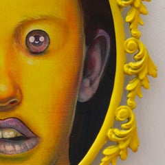 Kawaii Portrait Painting with Emoji Eyes in Oval Ornate Yellow Frame