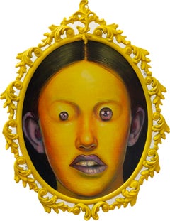Kawaii Portrait Painting with Emoji Eyes in Oval Ornate Yellow Frame