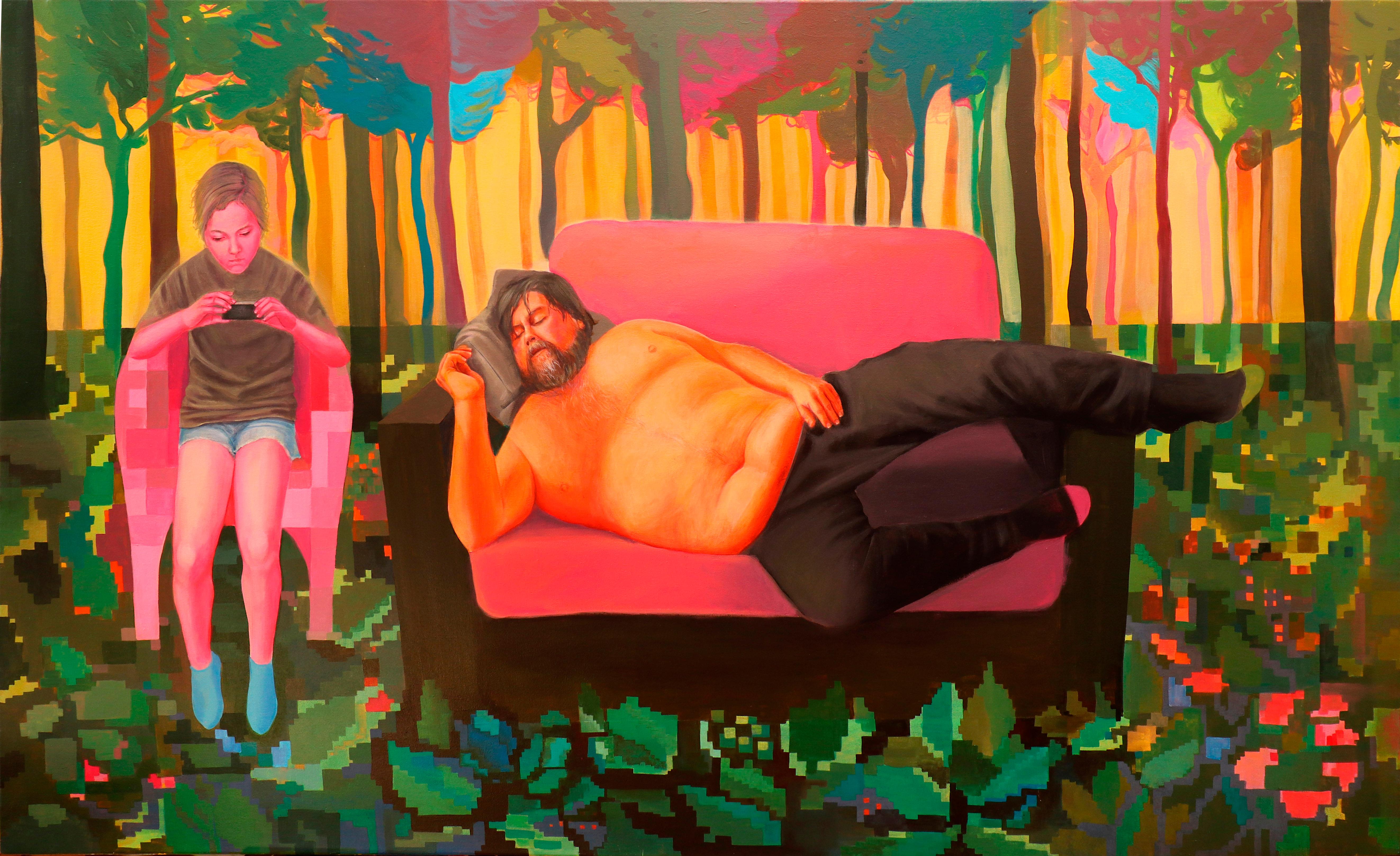 Bacchus Siesta, dipinto acrilico figurativo di grandi dimensioni con motivo Nature digitale