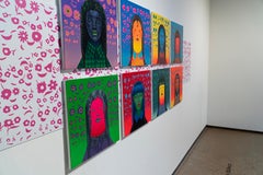 Large Surreal Portrait Panel of Eight Acrylic Paintings With Floral Installation