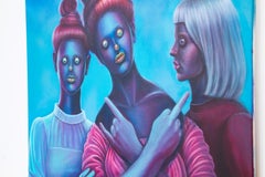 Large Triple Female Portrait Acrylic Painting with Emoji Eyes on Canvas