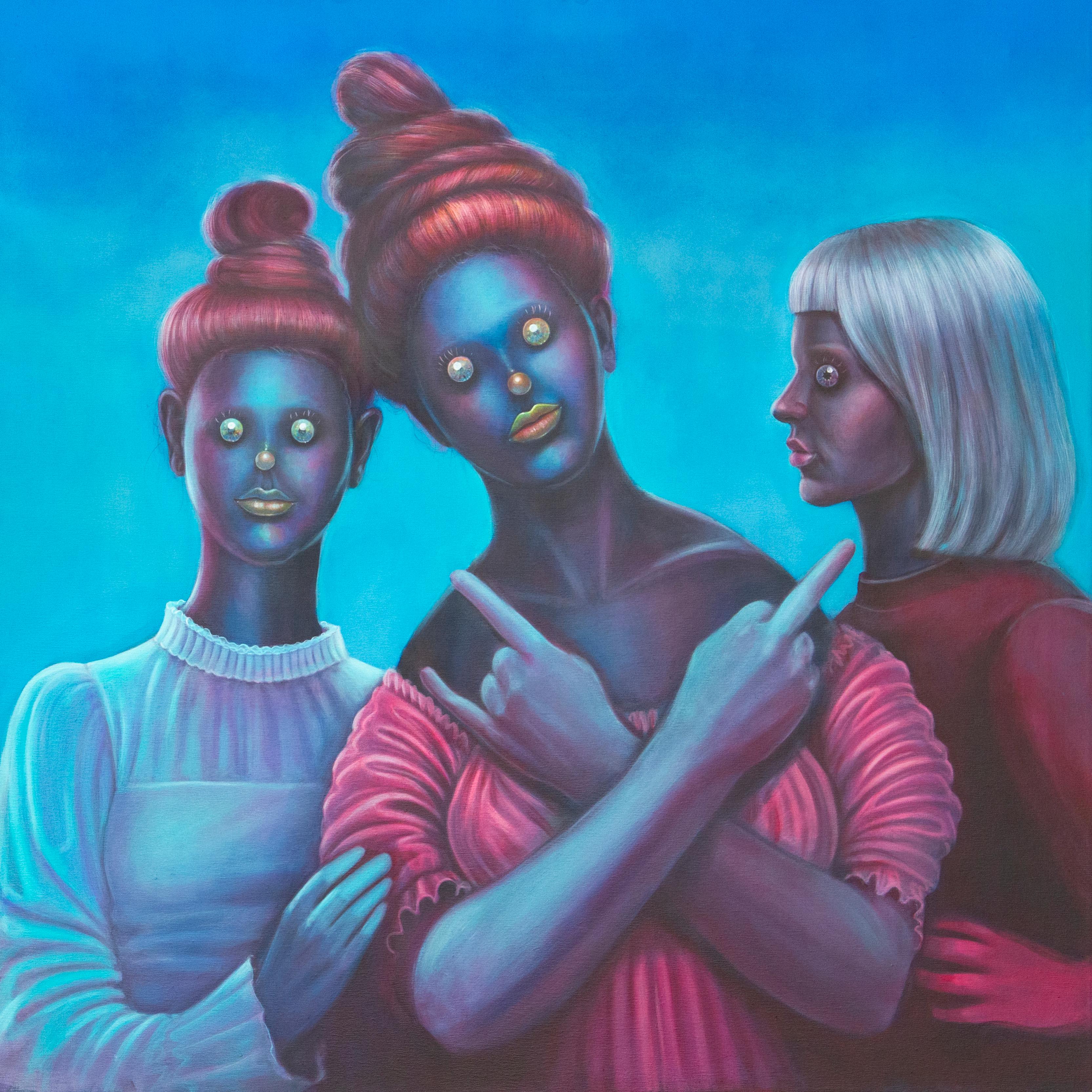Large Colorful Surrealist Portrait of Three Women, Figurative Acrylic Painting