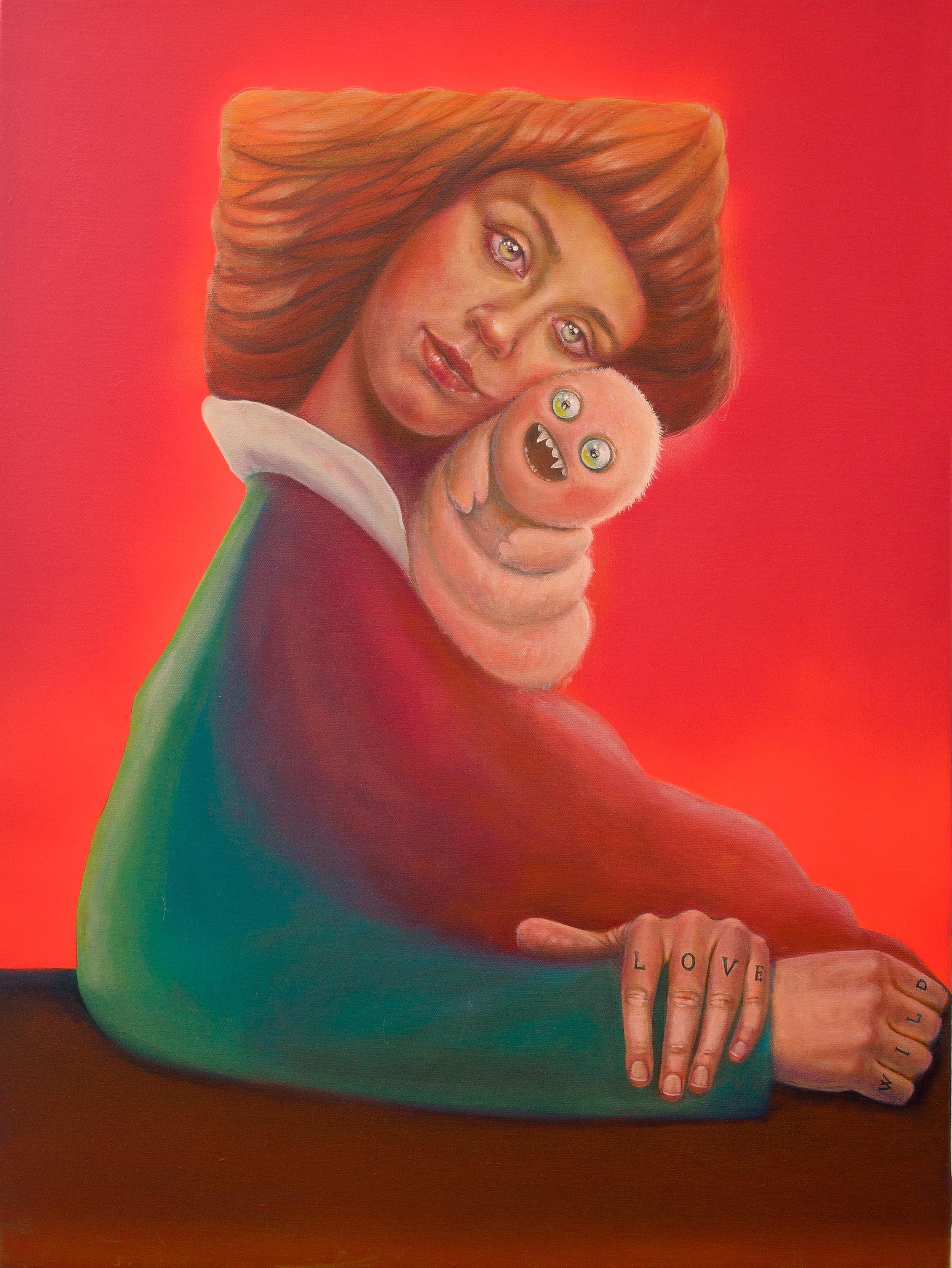Natasha Lelenco Figurative Painting – "Love Wild" - Contemporary Pop Surrealist Portrait mit niedlichem, kauzigem kleinen Monster