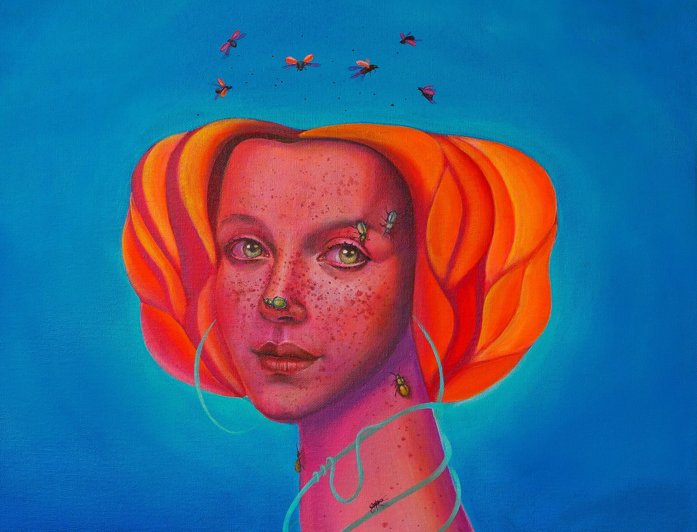 Portrait pop surréaliste contemporain aux couleurs vives avec insectes et fleurs - Painting de Natasha Lelenco