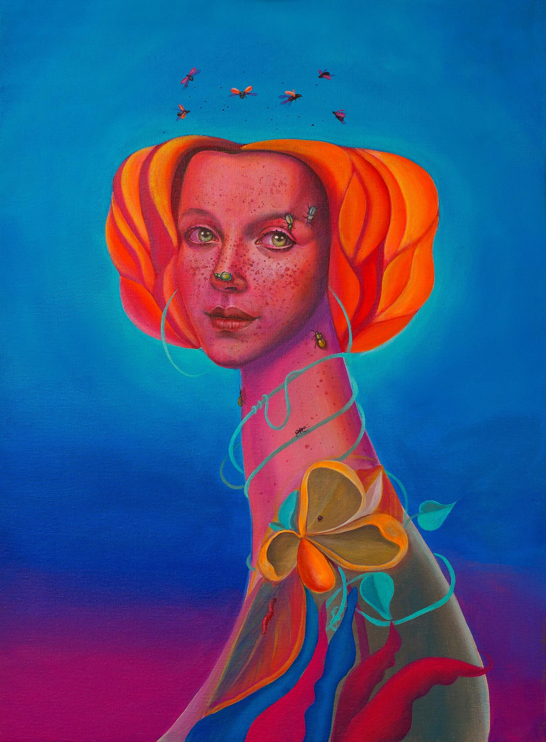 Natasha Lelenco Figurative Painting - Vibrant Colourfull Contemporary Pop Surrealist Portrait With Insects And Flowers