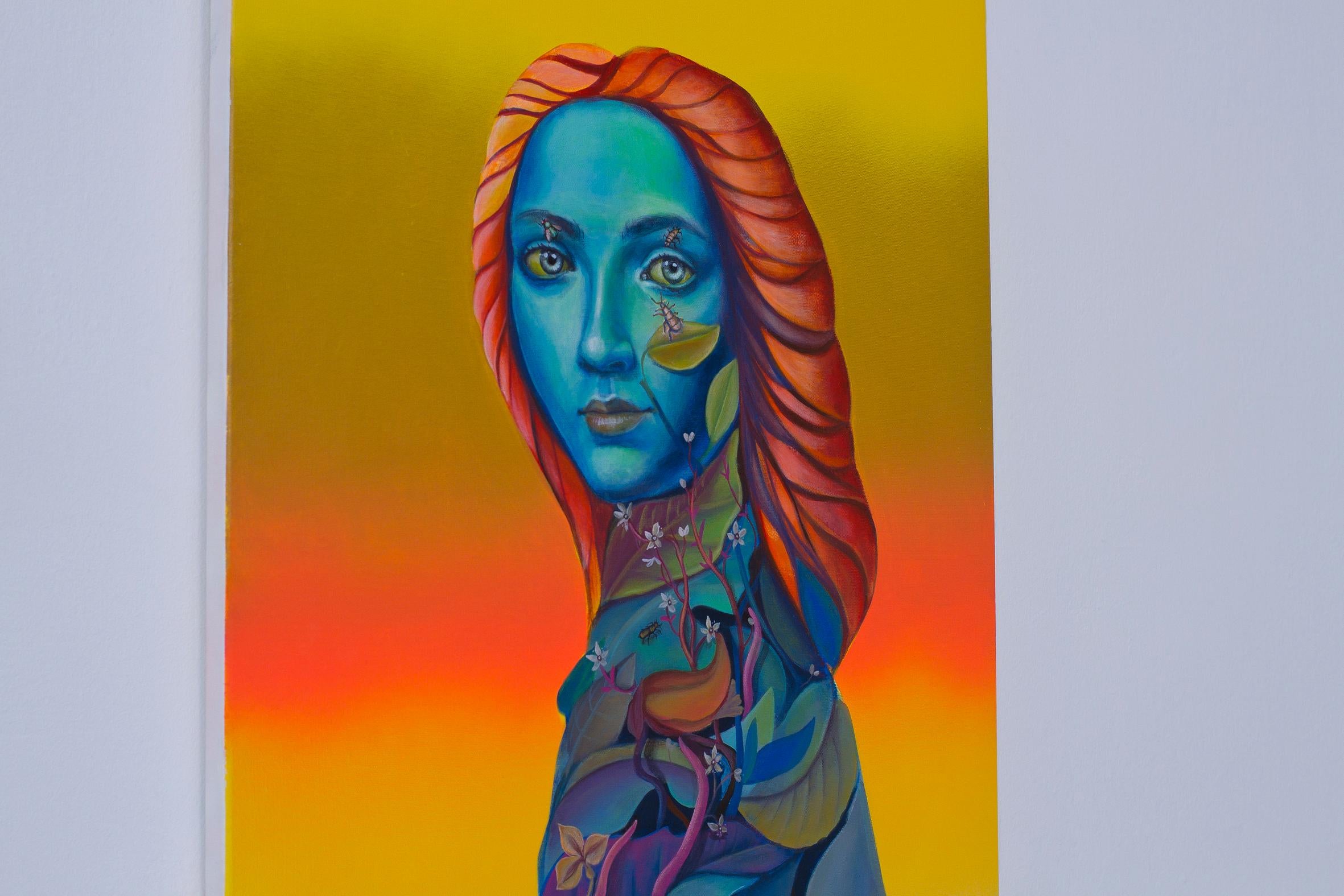 Leuchtend surrealistisches Pop-Porträt. Blumen „Daba Dee Madonna“. Fluoreszierende Farben (Zeitgenössisch), Painting, von Natasha Lelenco