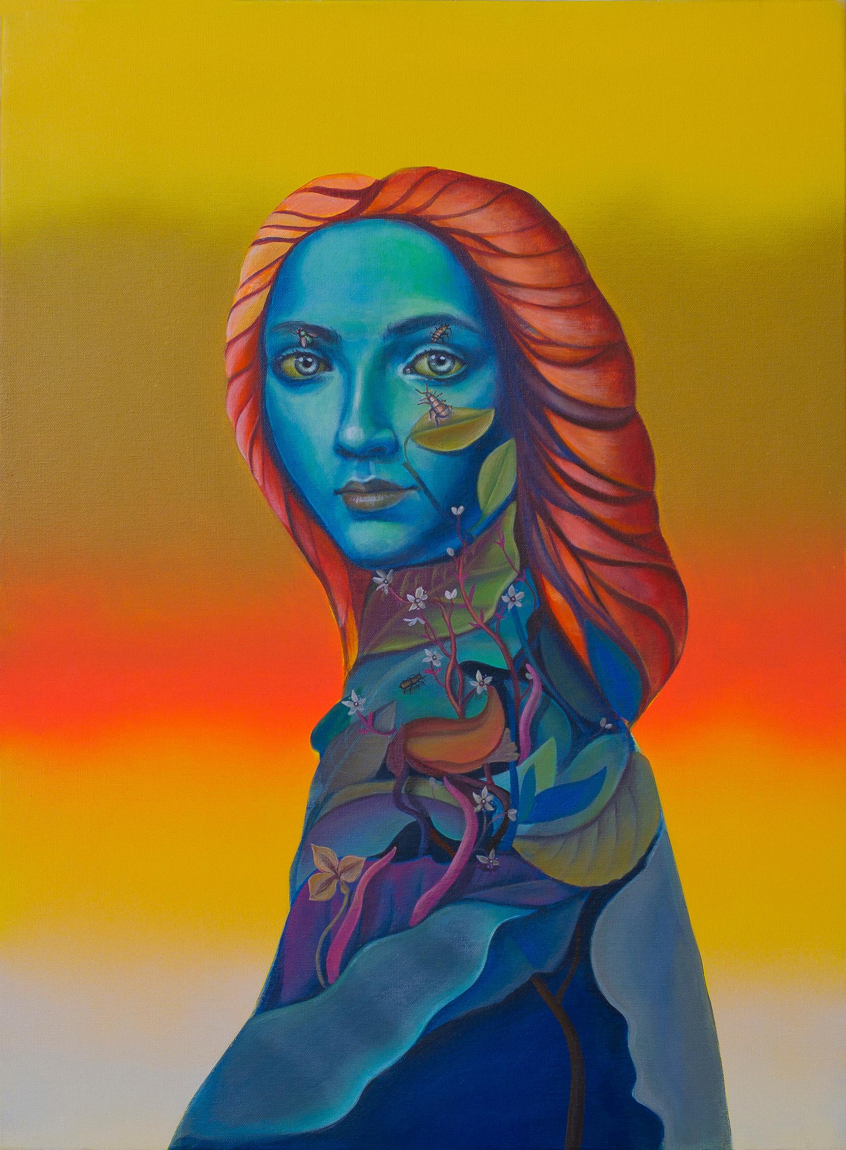 Natasha Lelenco Portrait Painting - Vibrant Pop Surrealist Portrait. Flowers "Daba Dee Madonna". Fluorescent Colours