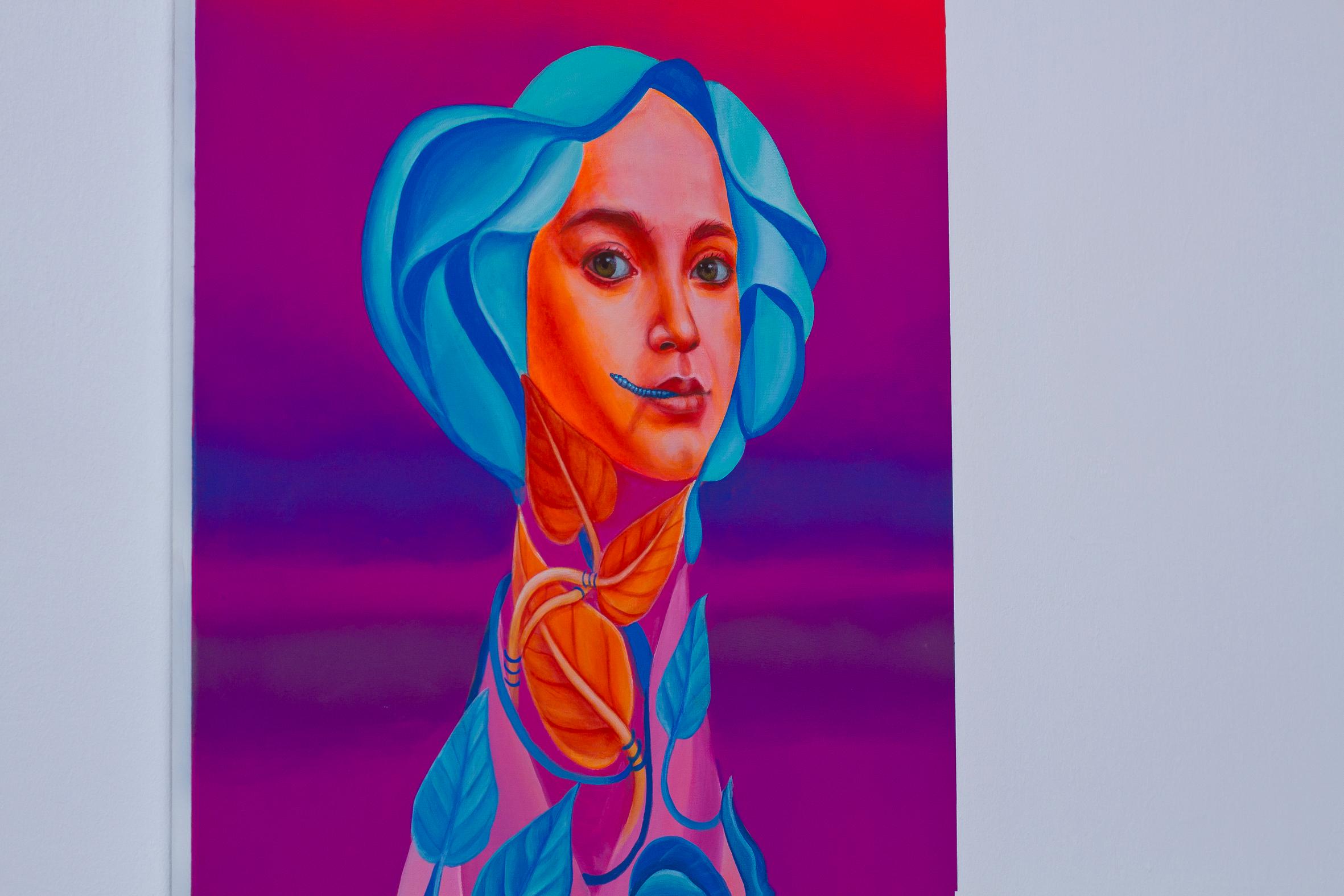 Portrait pop surréaliste vibrant. Femme. Couleurs, insectes et plantes fluorescentes - Contemporain Painting par Natasha Lelenco