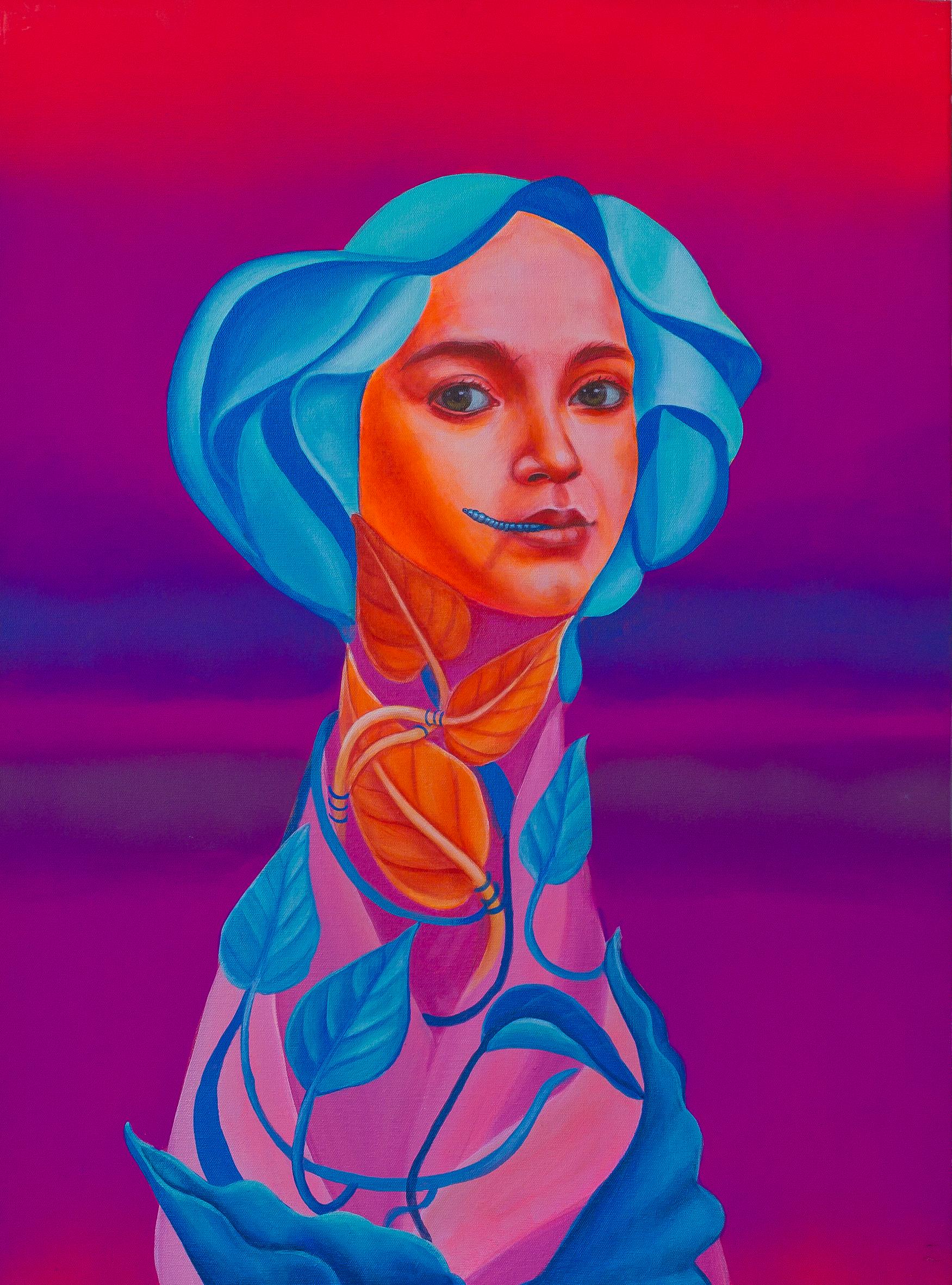 Natasha Lelenco Portrait Painting - Vibrant Pop Surrealist Portrait. Woman. Fluorescent Colors, Insects And Plants