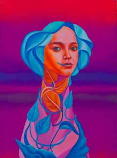 Vibrant Pop Surrealist Portrait. Woman. Fluorescent Colors, Insects And Plants