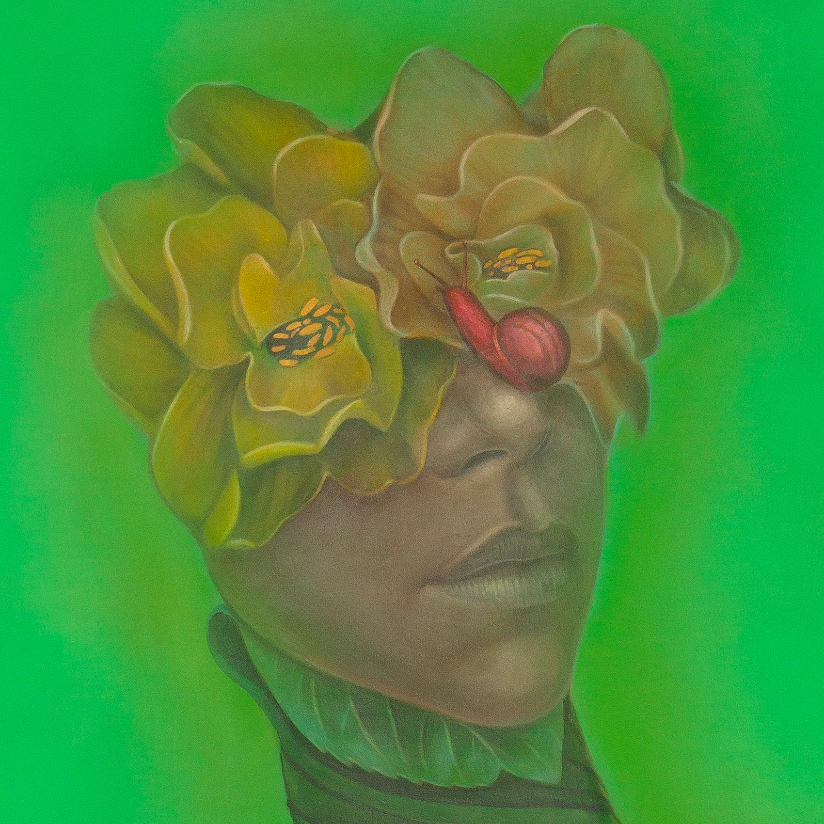 Portrait contemporain pop surréaliste. Fleurs et escargots Melc-Melc-Codobelc - Painting de Natasha Lelenco