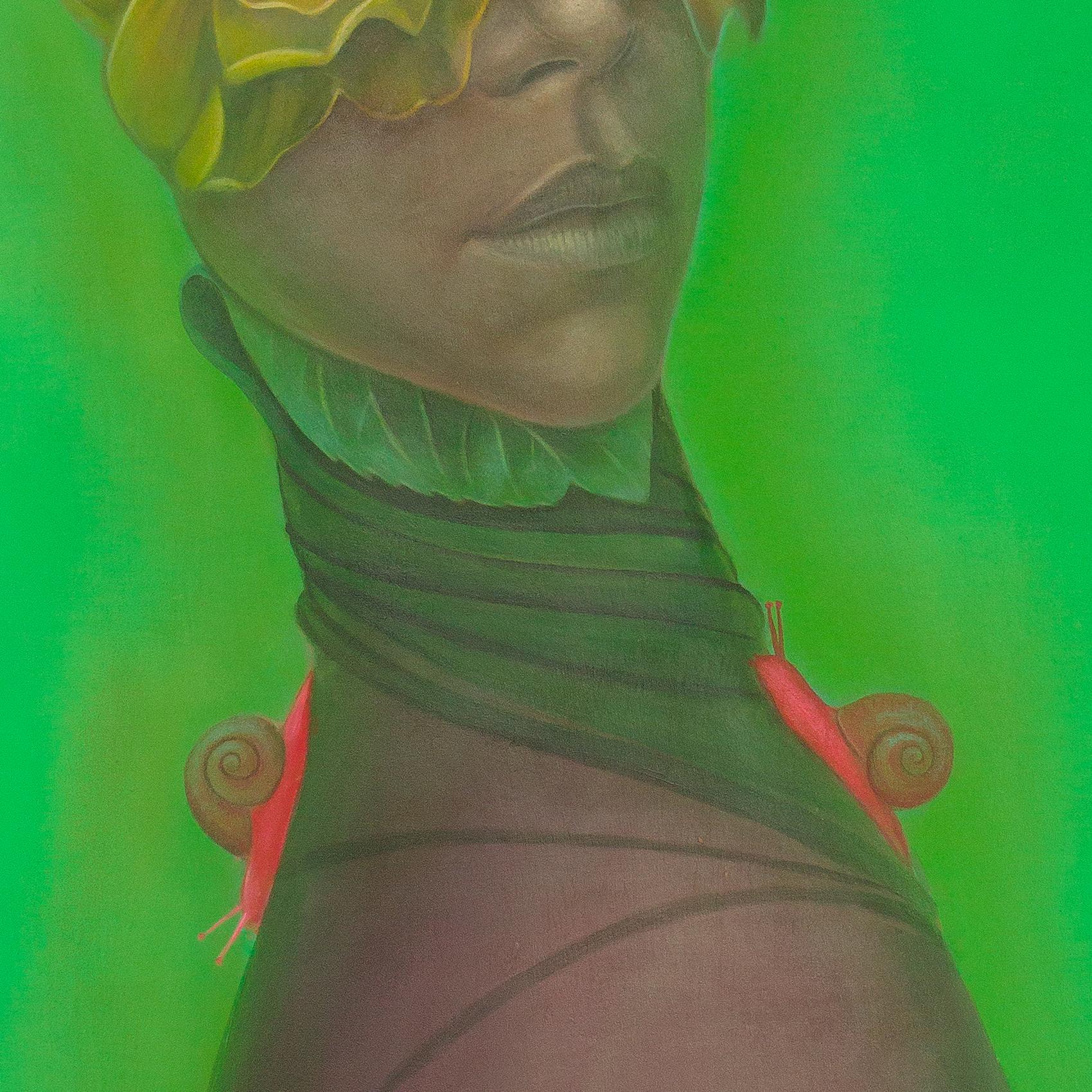 Portrait contemporain pop surréaliste. Fleurs et escargots Melc-Melc-Codobelc - Pop Art Painting par Natasha Lelenco