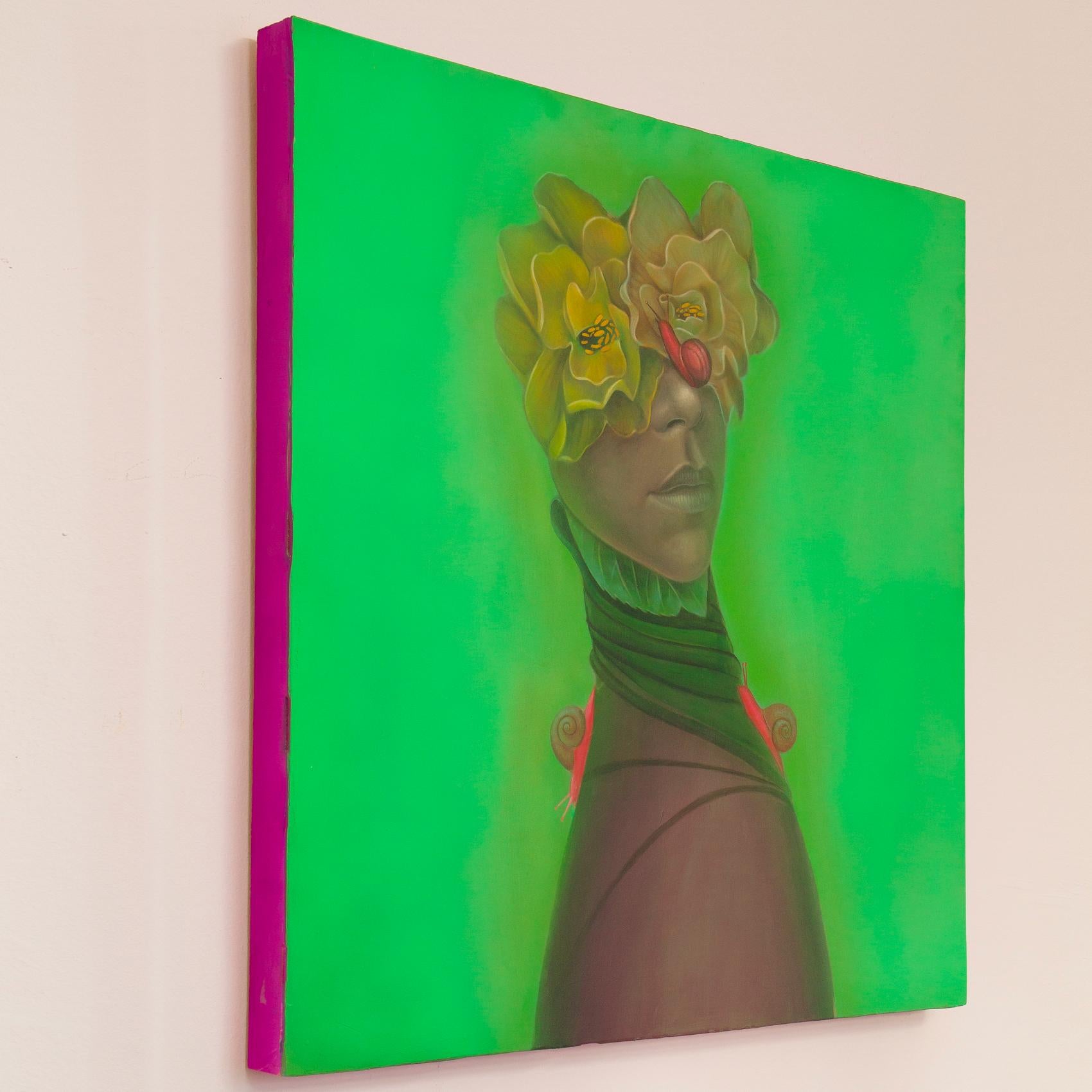 Ritratto femminile biofilico pop-surreale verde su tavola. Lumache e motivi botanici - Portrait Painting Marrone di Natasha Lelenco