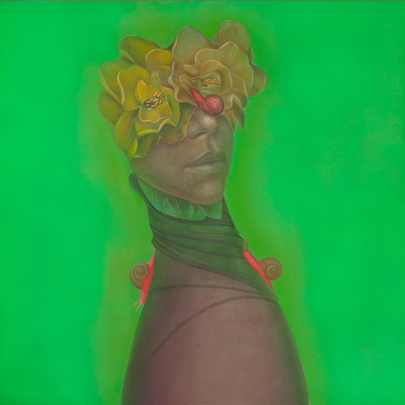 Portrait Painting Natasha Lelenco - Portrait contemporain pop surréaliste. Fleurs et escargots Melc-Melc-Codobelc