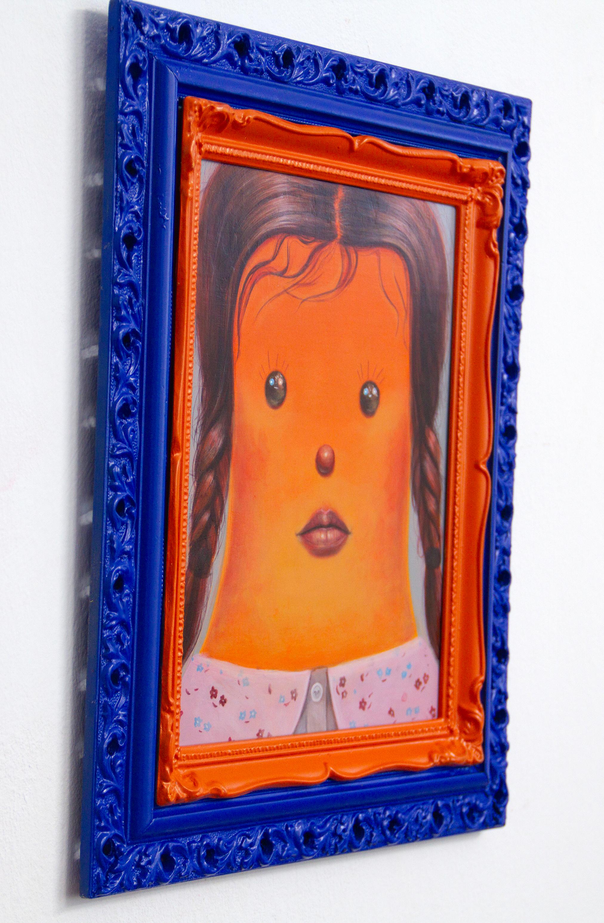 Naive Girl Portrait Painting with Blue and Orange Sculptural Frames