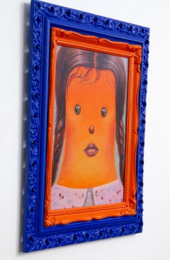 Naive Girl Portrait Painting with Blue and Orange Sculptural Frames