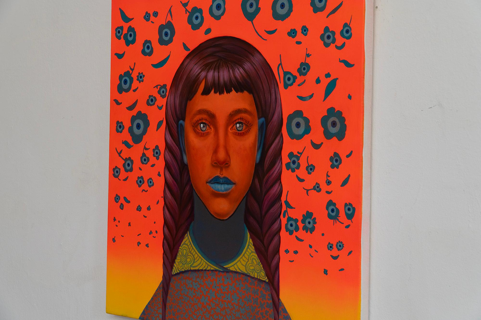 New Contemporary Wave Painting. Vibrant Red and Blue Surrealist Floral Portrait For Sale 8
