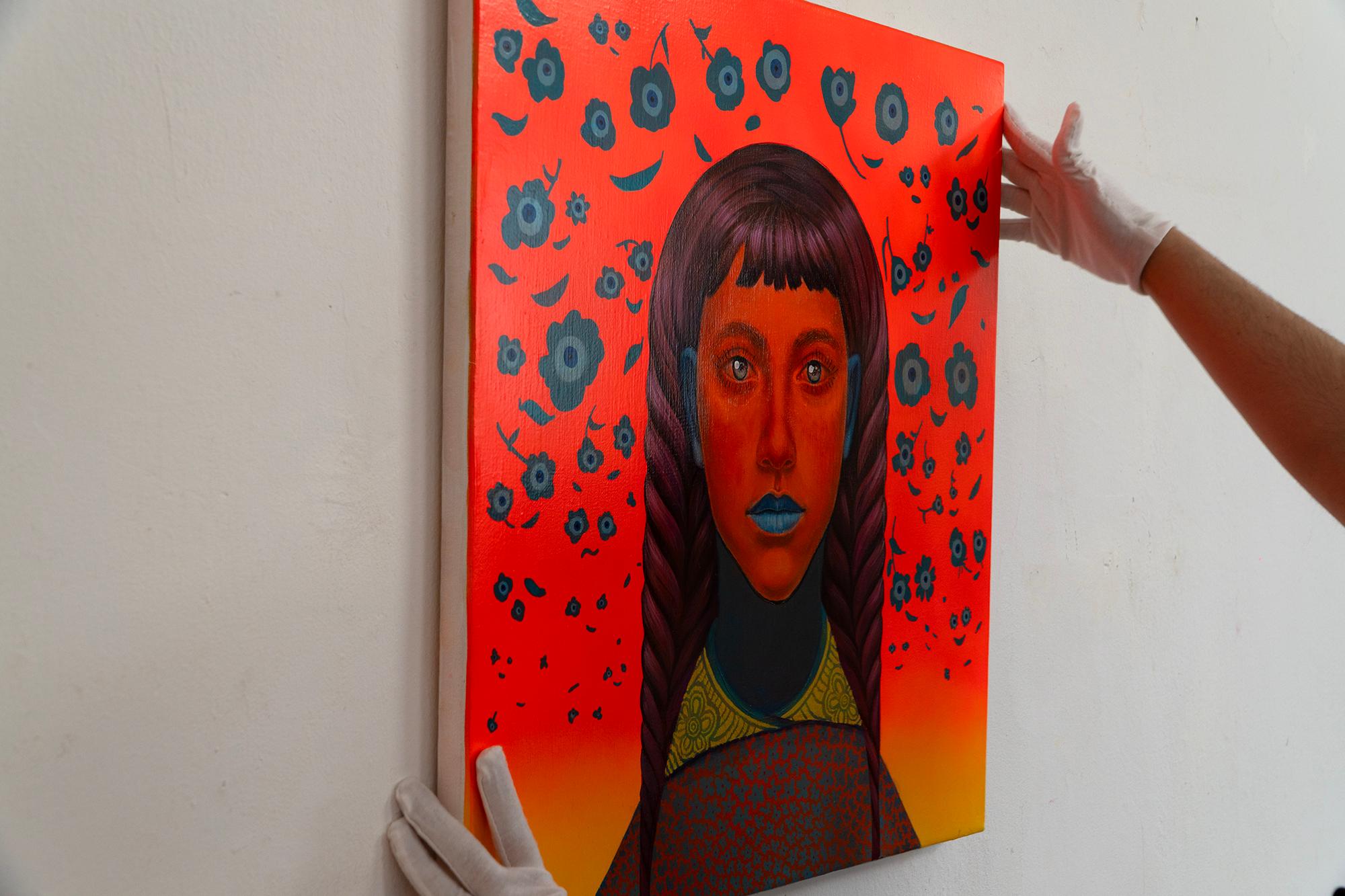 New Contemporary Wave Painting. Vibrant Red and Blue Surrealist Floral Portrait For Sale 9