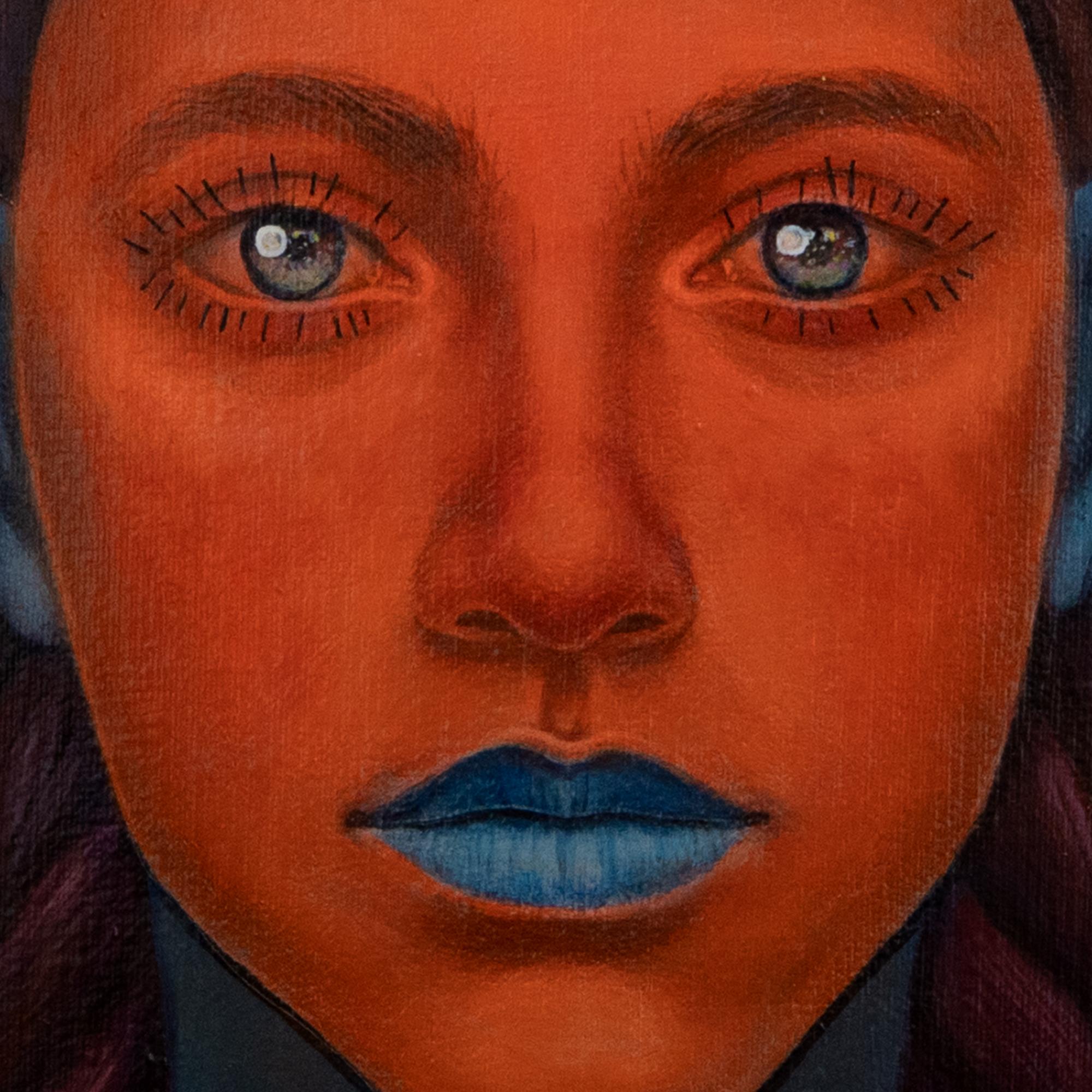 New Contemporary Wave Painting. Vibrant Red and Blue Surrealist Floral Portrait For Sale 3