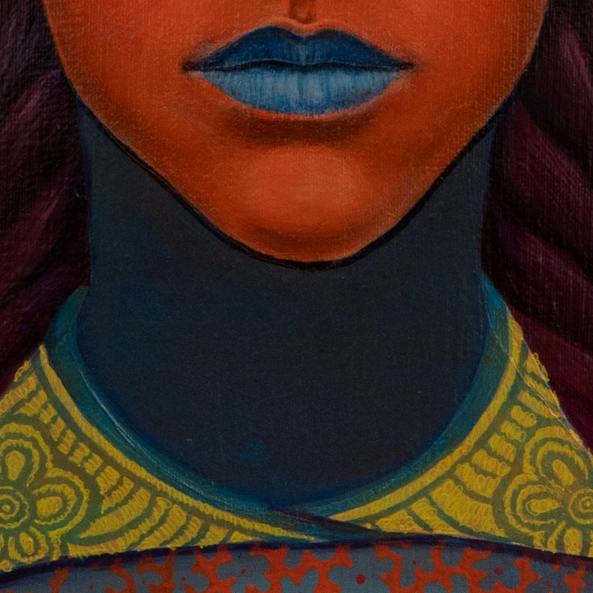 New Contemporary Wave Painting. Vibrant Red and Blue Surrealist Floral Portrait For Sale 4