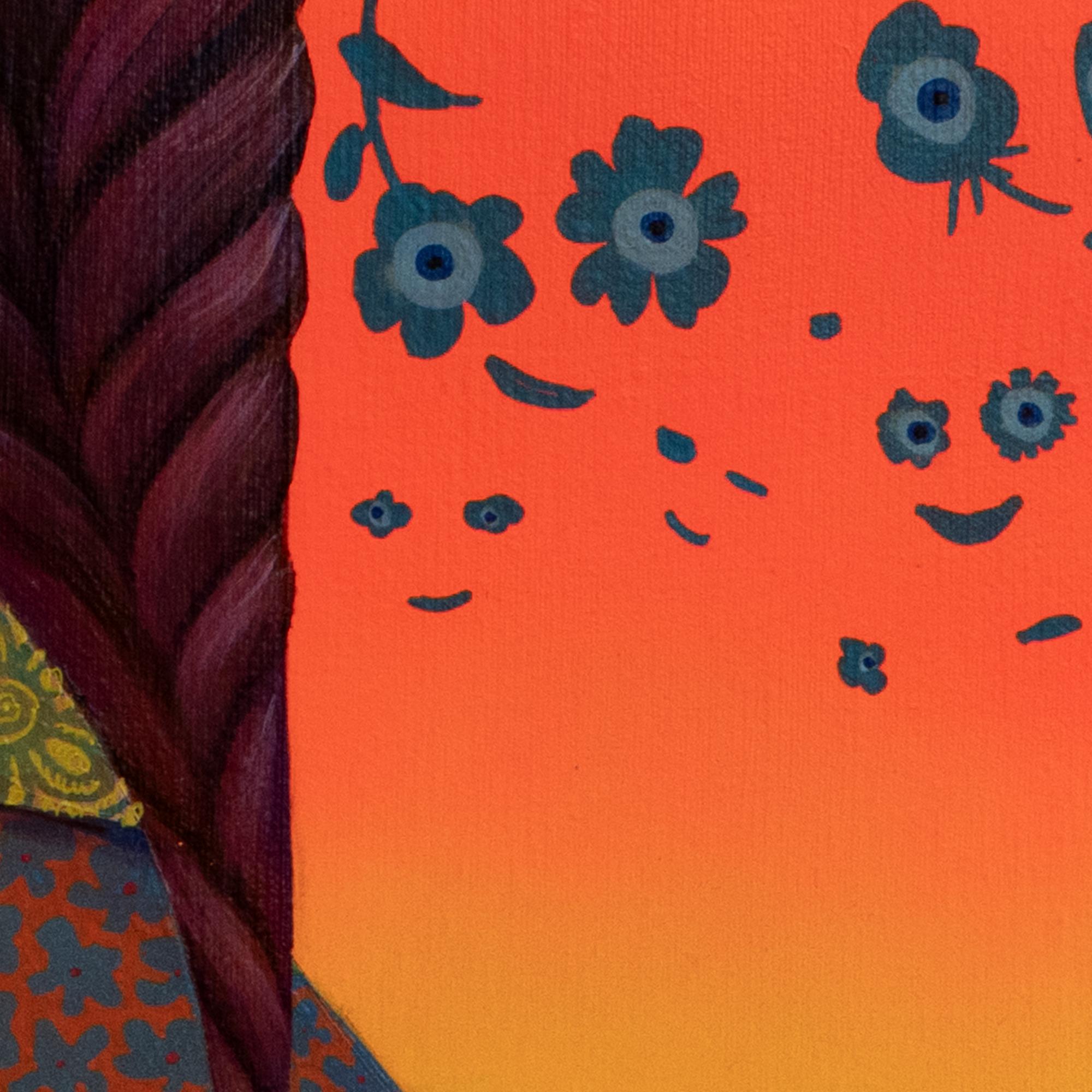 New Contemporary Wave Painting. Vibrant Red and Blue Surrealist Floral Portrait For Sale 5