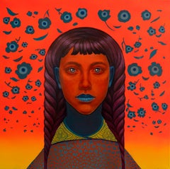 Pintura de la Nueva Ola Contemporánea. Retrato Floral Surrealista Rojo y Azul Vibrante