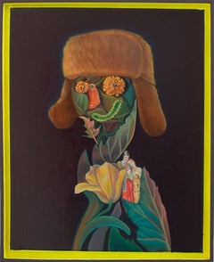 Contemporary Pop Surrealism Porträt. Insekten, Schlösser, Blumen, Pflanzen und Hut. Gerahmt.