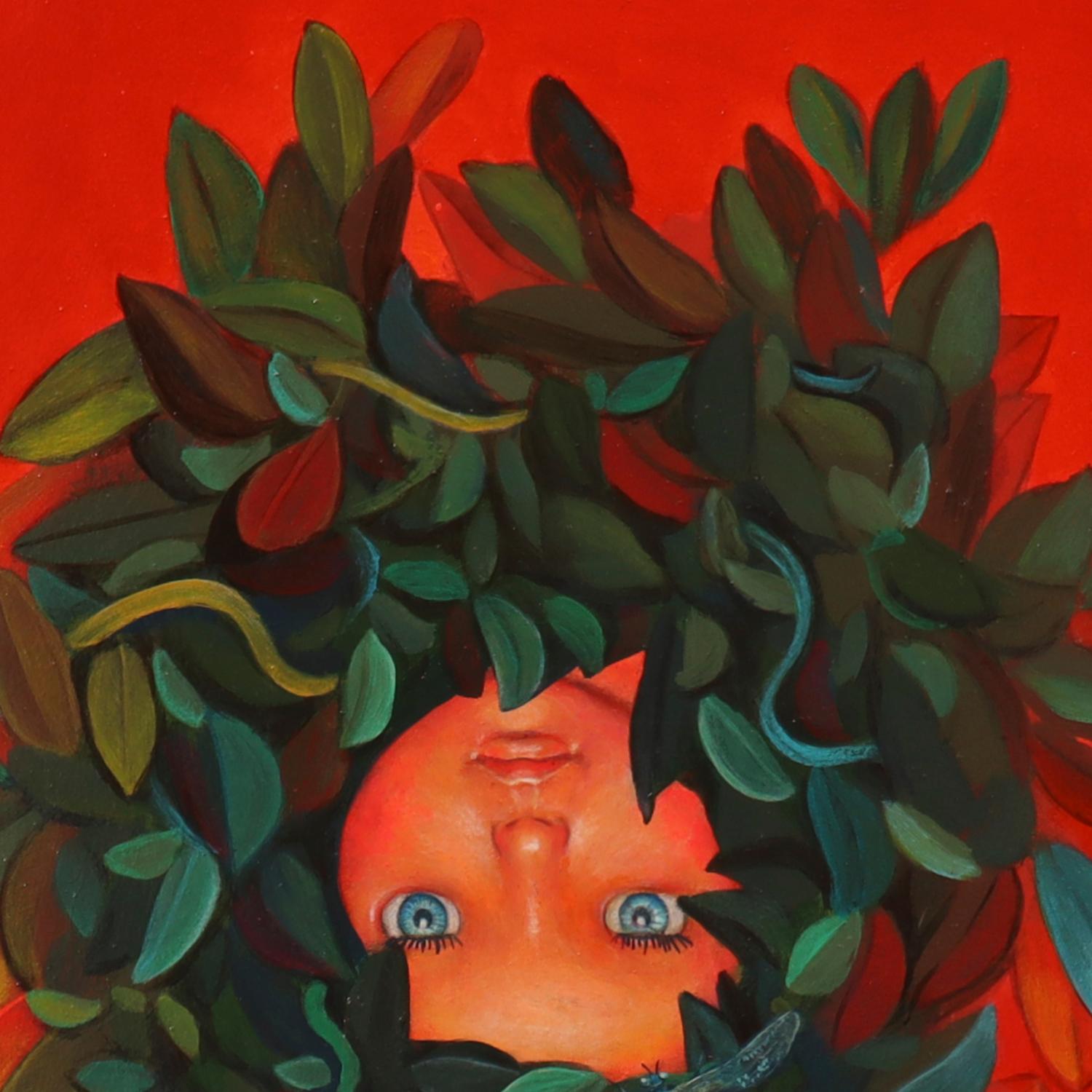 Contemporary Pop Surrealist Portrait. Doll with Vegetal Motifs. 