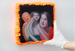 Organic Surreal Ancestral Triple Portrait Acrylic Painting with Foam Clay Frame