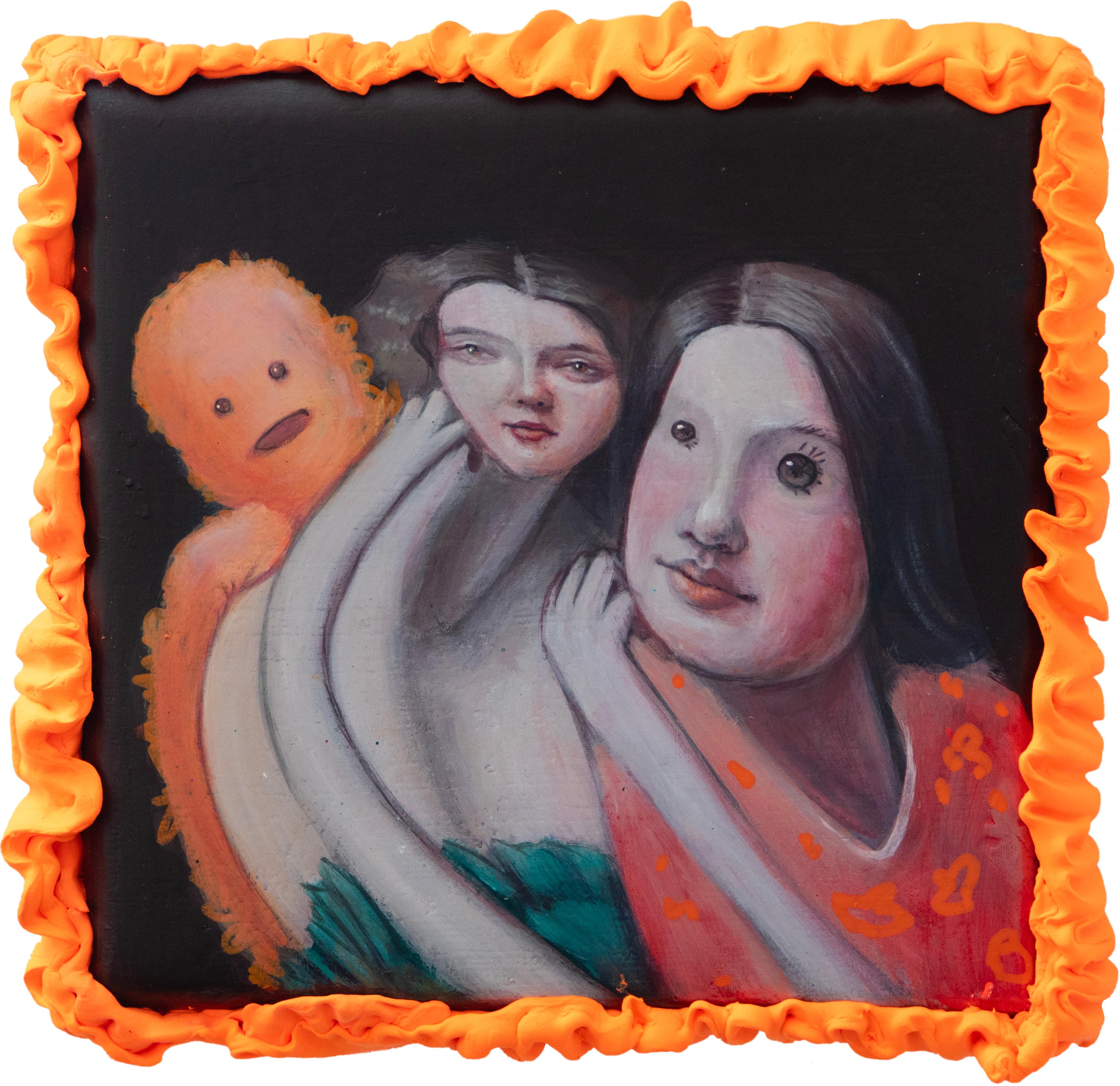 Portrait Painting Natasha Lelenco - Surréel organique Ancestral Triple portrait Peinture acrylique avec cadre en argile mousse