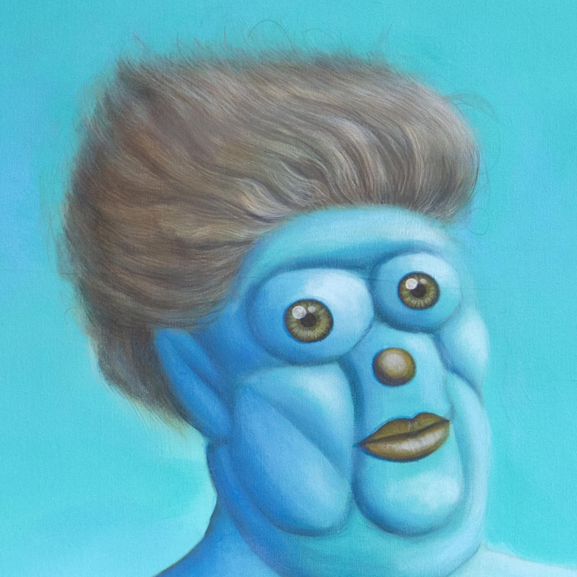 Pop Surreal Emoji Porträt und Landschaft Acryl-Gemälde auf Leinwand. Herr Bubbles – Painting von Natasha Lelenco