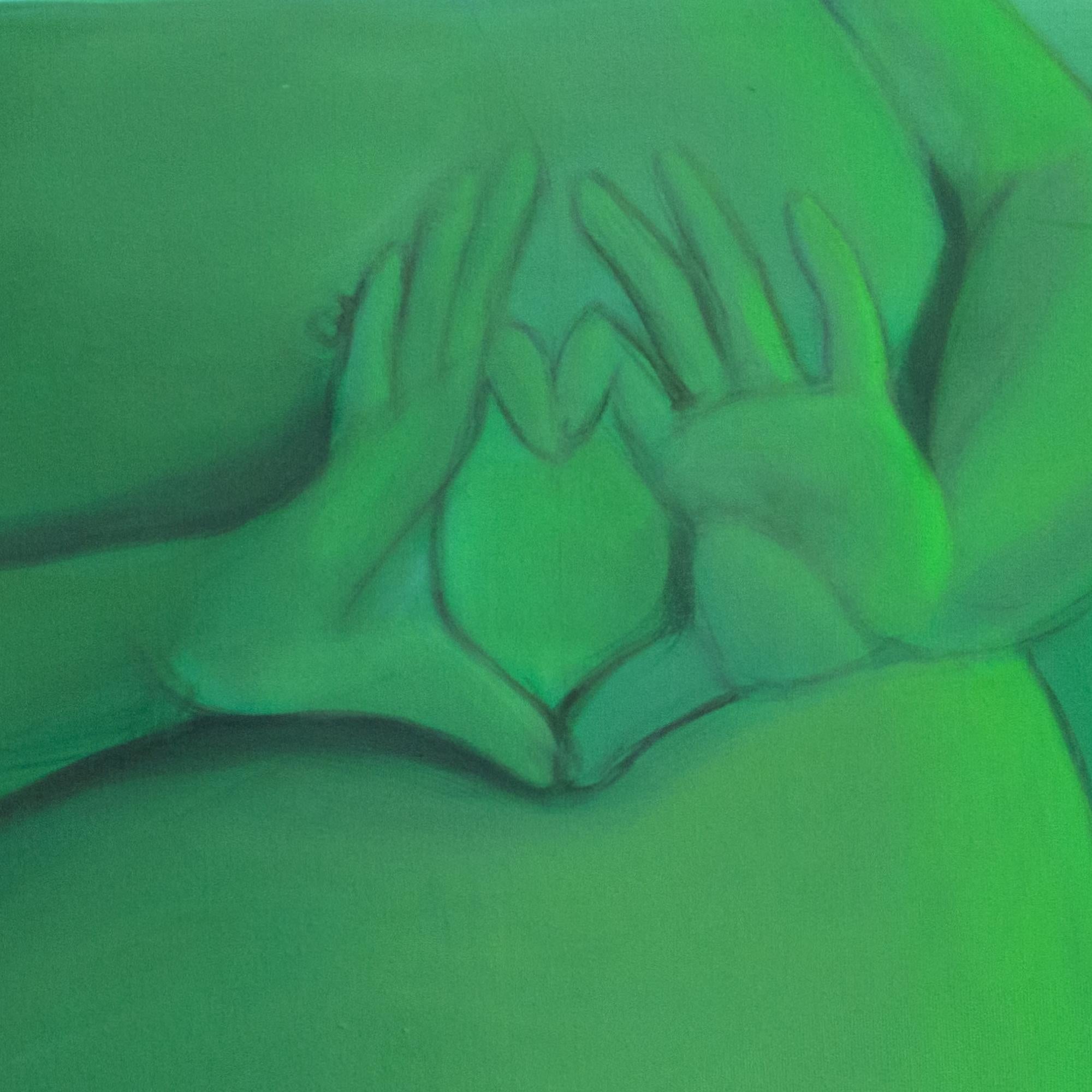 Dieses Acrylporträt zeigt eine hybride Figur, deren blauer und grüner Körper digitale Farbpaletten und vereinfachte emotionale Codes widerspiegelt.

Mr. Bubbles ist Teil des laufenden Projekts You Are The One, in dem Natasha Lelenco untersucht, wie