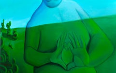 Pop surreal figurative portrait painting with heart gesture and symbolic nature