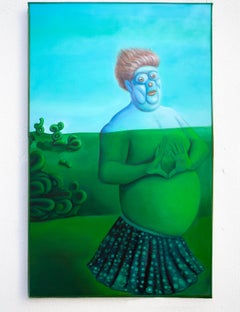 Pop surreal figurative portrait painting with heart gesture and symbolic nature