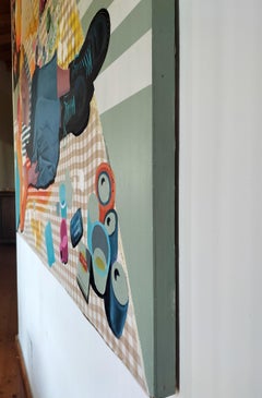 Bacantes, Gran Escena Original sobre Panel de Madera, Surrealismo Mitológico Feminista