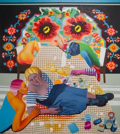 Banquet mythologique féministe. Grande peinture célébrant la sistérité