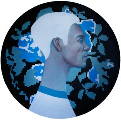 Ritratto di profilo su sfondo di tappeto floreale pixelato - "Cambio valuta #4"