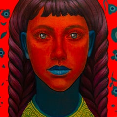 Surreal Red and Blue Vibrant Fluor Figurative Portrait with Floral Emoji Motifs