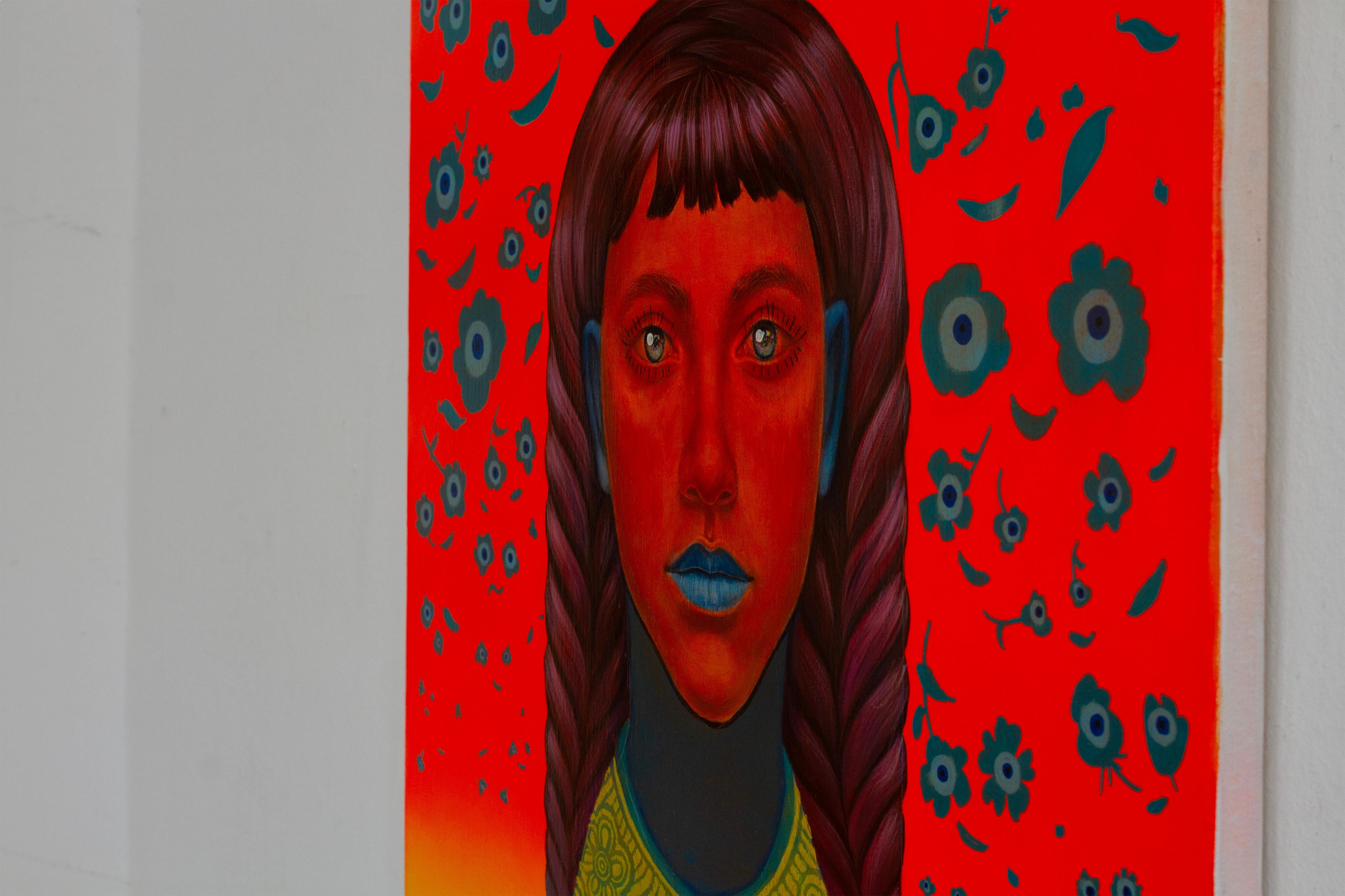 New Contemporary Wave Painting. Vibrant Red and Blue Surrealist Floral Portrait For Sale 2