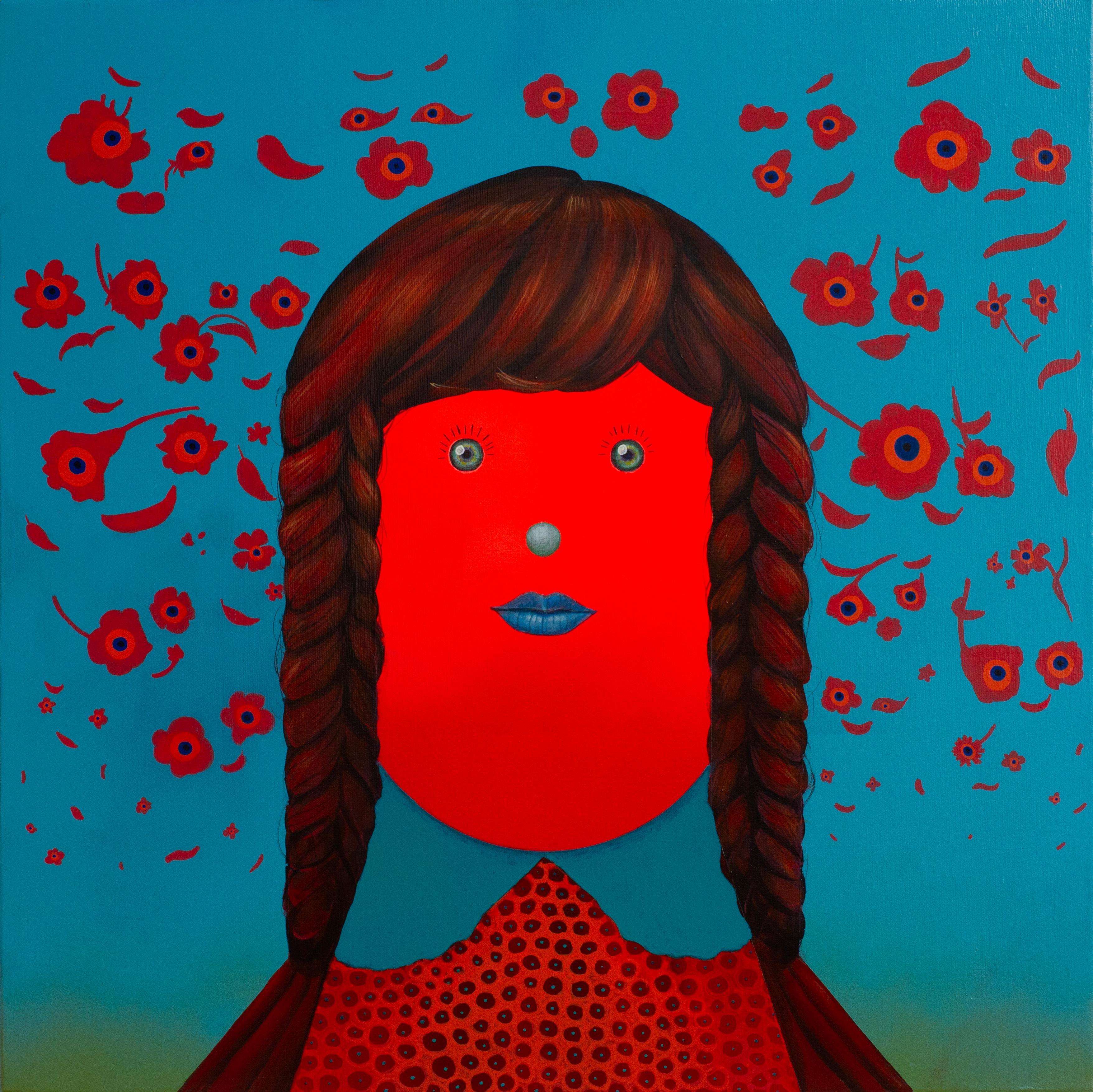 Red Faceless Girl Portrait with Flowers Surreal Contemporary Figurative Painting