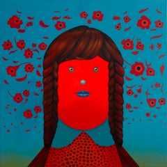 Red Faceless Girl Portrait with Flowers Surreal Contemporary Figurative Painting