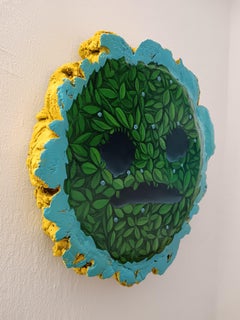 Green Leaf Face Wall Sculpture in Painted Reclaimed Cork Oak Wood