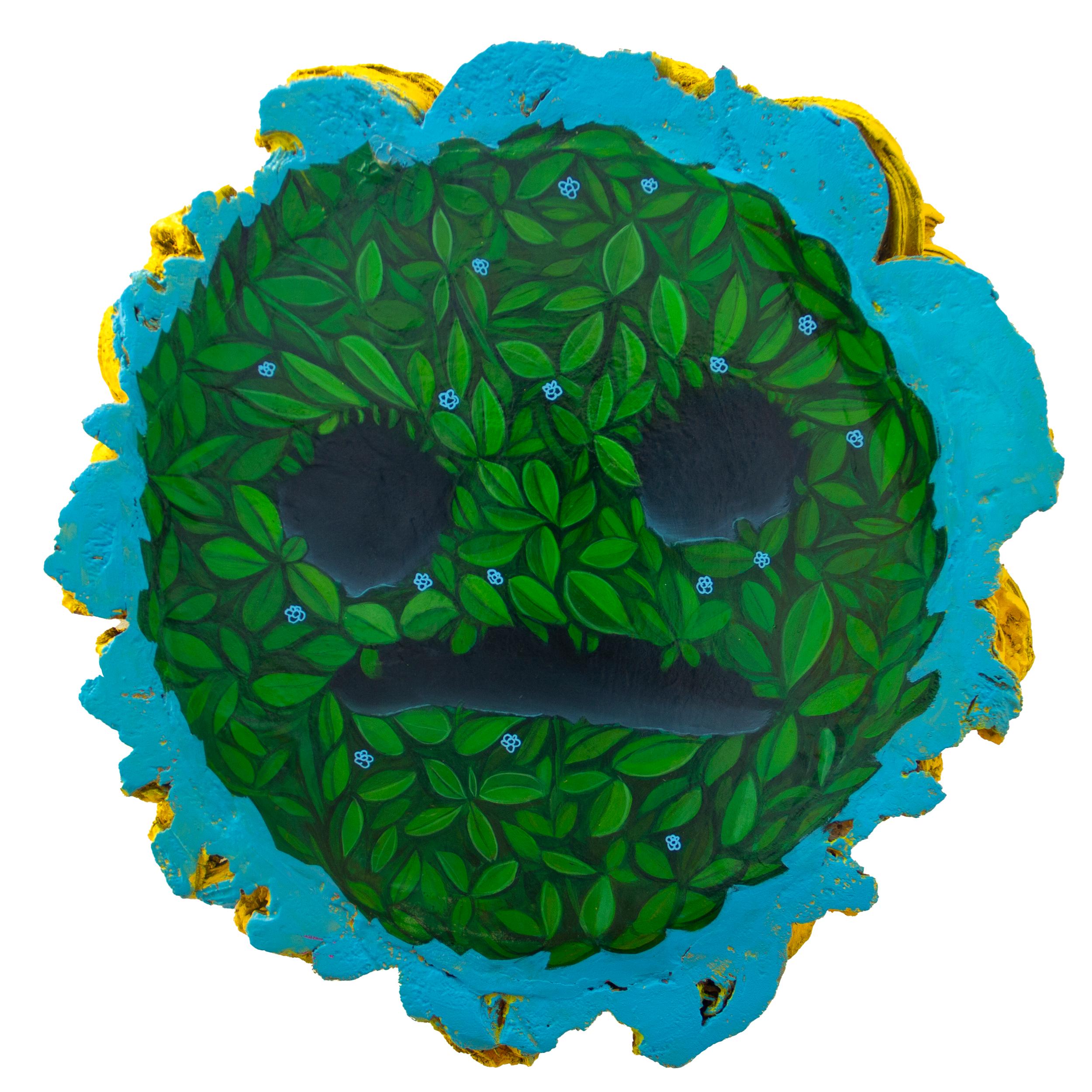 Emoticône douloureuse - Sculpture murale organique originale peinte à la main avec feuillage