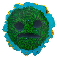 Emoticône douloureuse - Sculpture murale organique originale peinte à la main avec feuillage