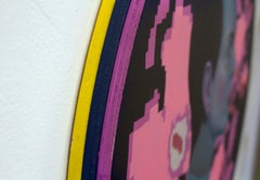 Male Portrait Painting on Wooden Tondo. Pixelated Floral Background.