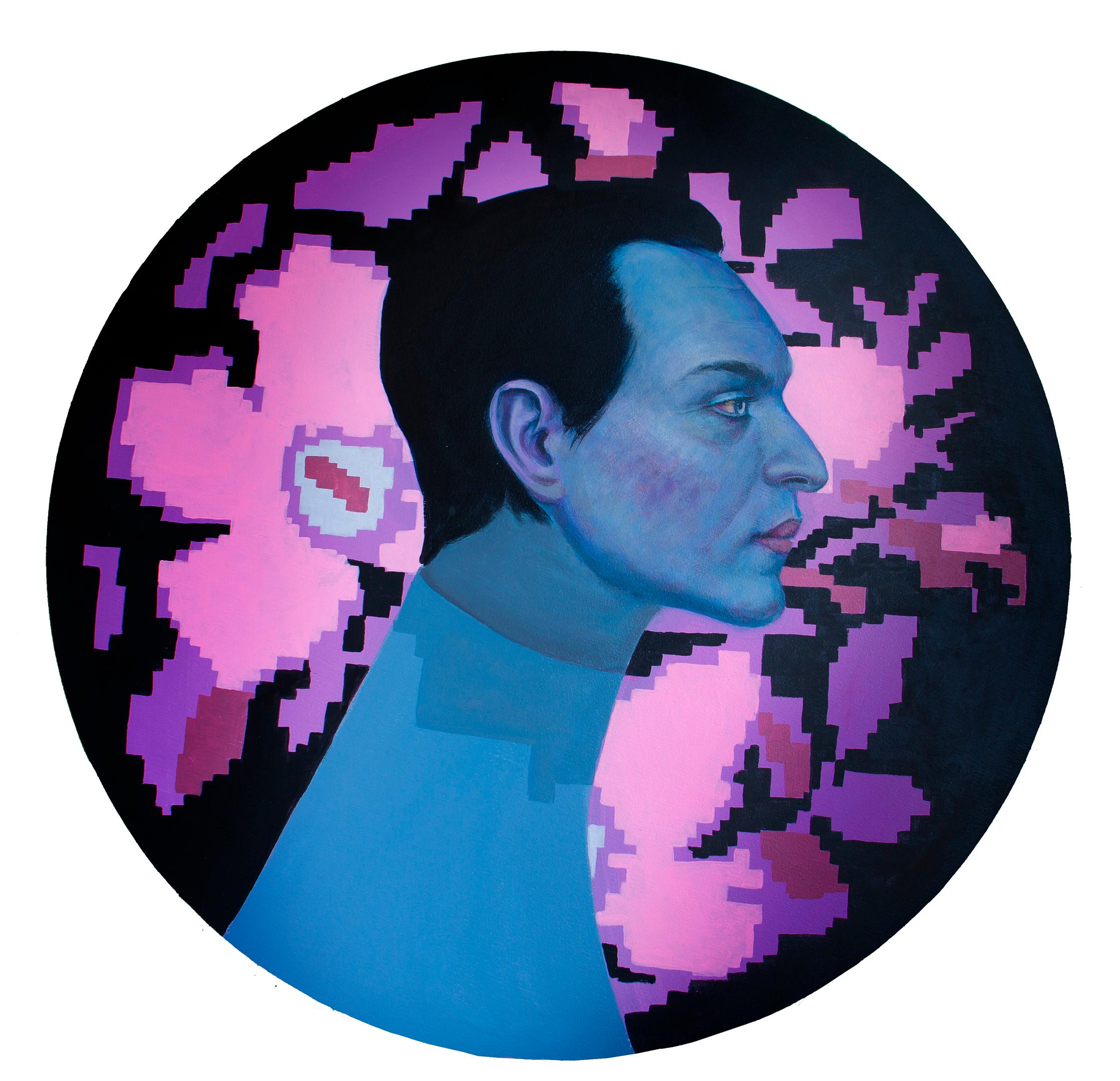 Natasha Lelenco Portrait Painting – Buntes Porträt auf einem hölzernen Kreis. Mann auf einem blumigen Hintergrund. "Währung #1" 