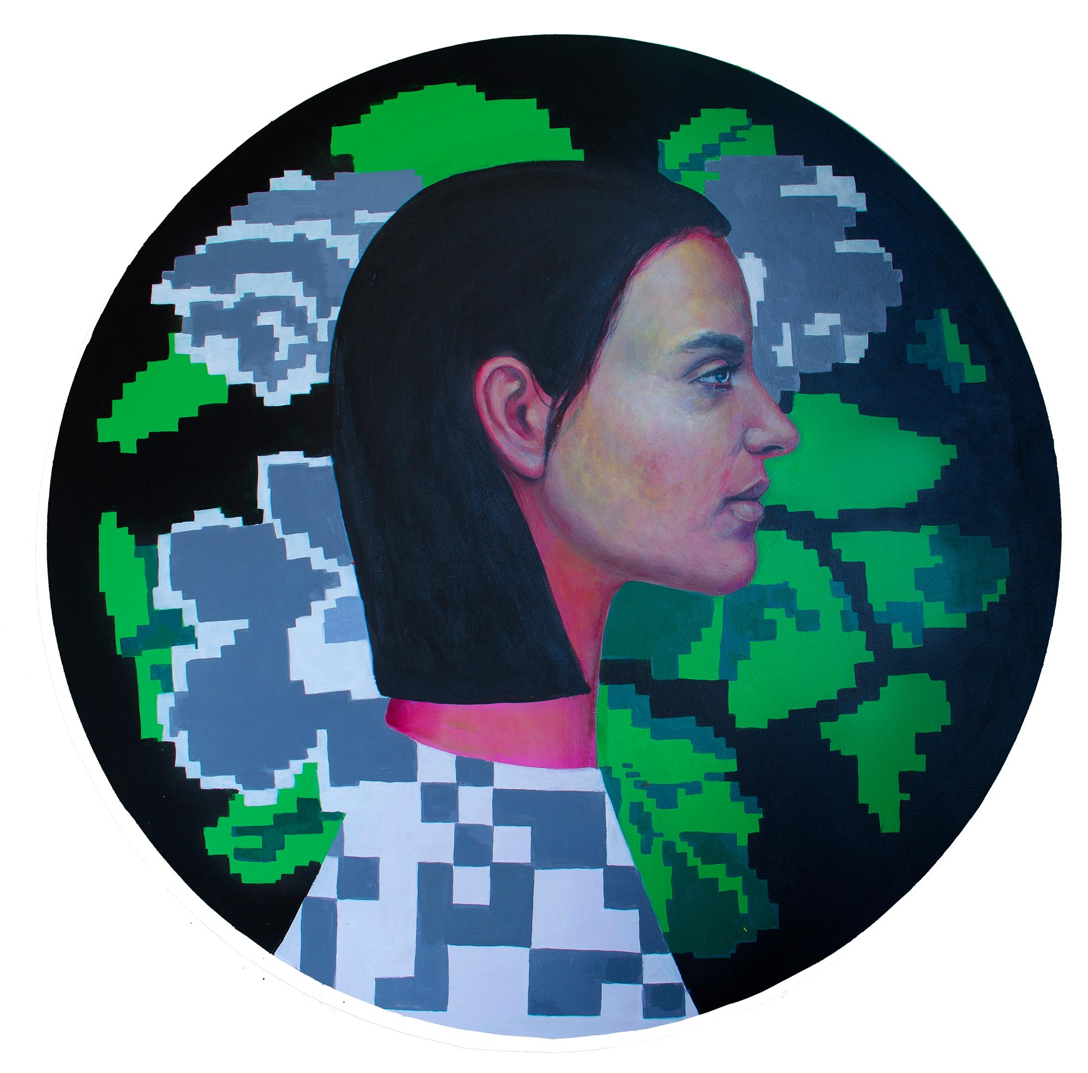 Frauenporträt auf einem hölzernen Kreis mit Blumen und Pixeln. "Währung #2" 