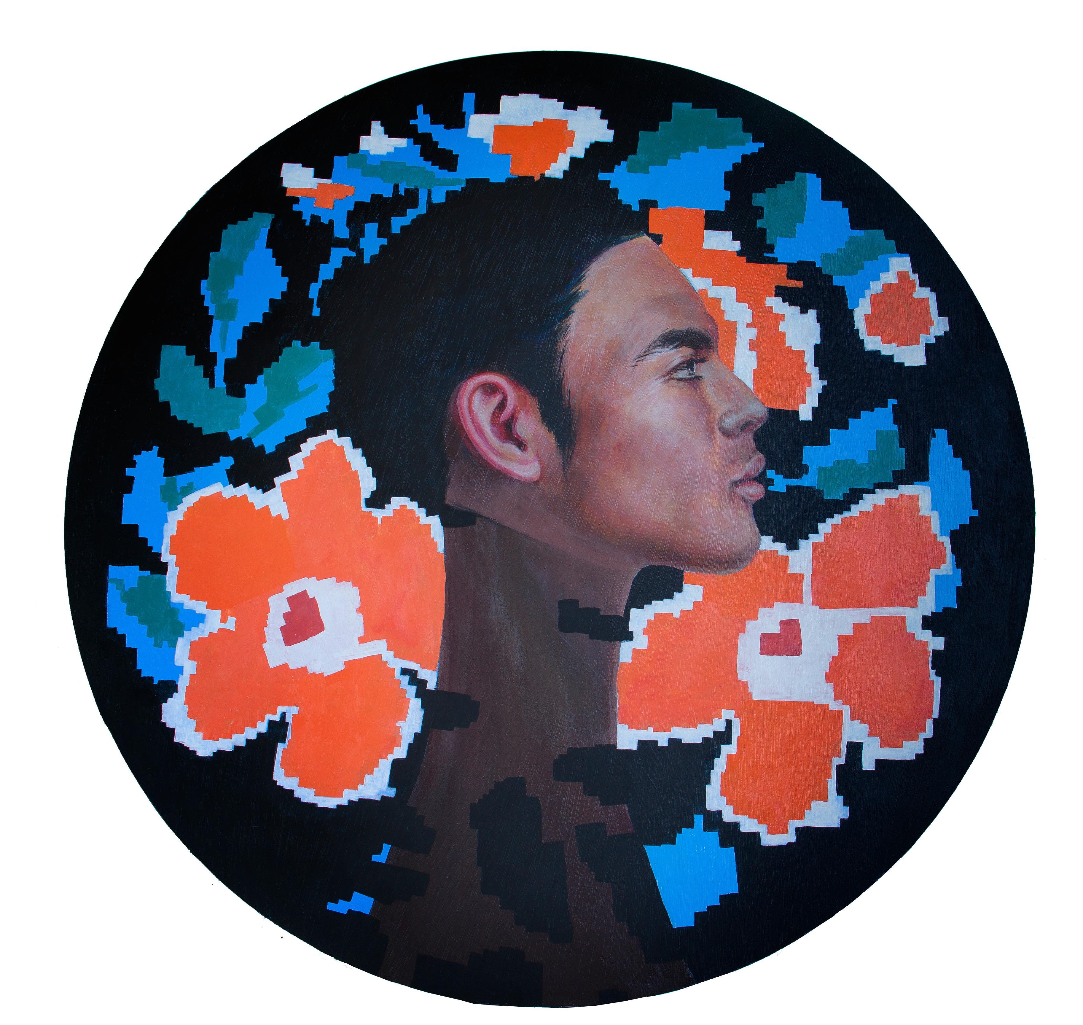 Portrait pop surréaliste contemporain sur fond floral. "Monnaie #3 