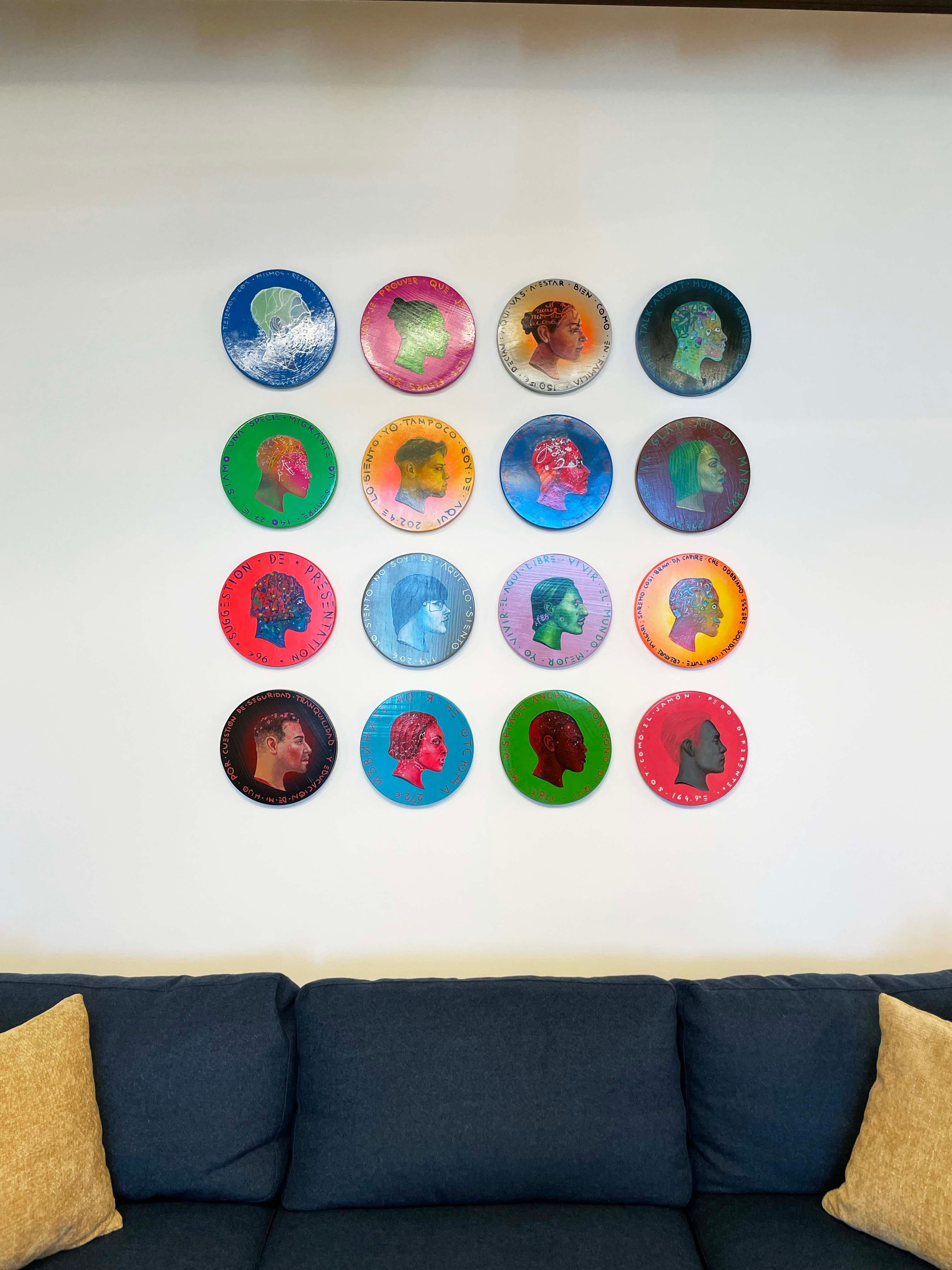 Panel de cuatro monedas en tonos azules - Pintura acrílica y técnica mixta sobre madera en venta 5