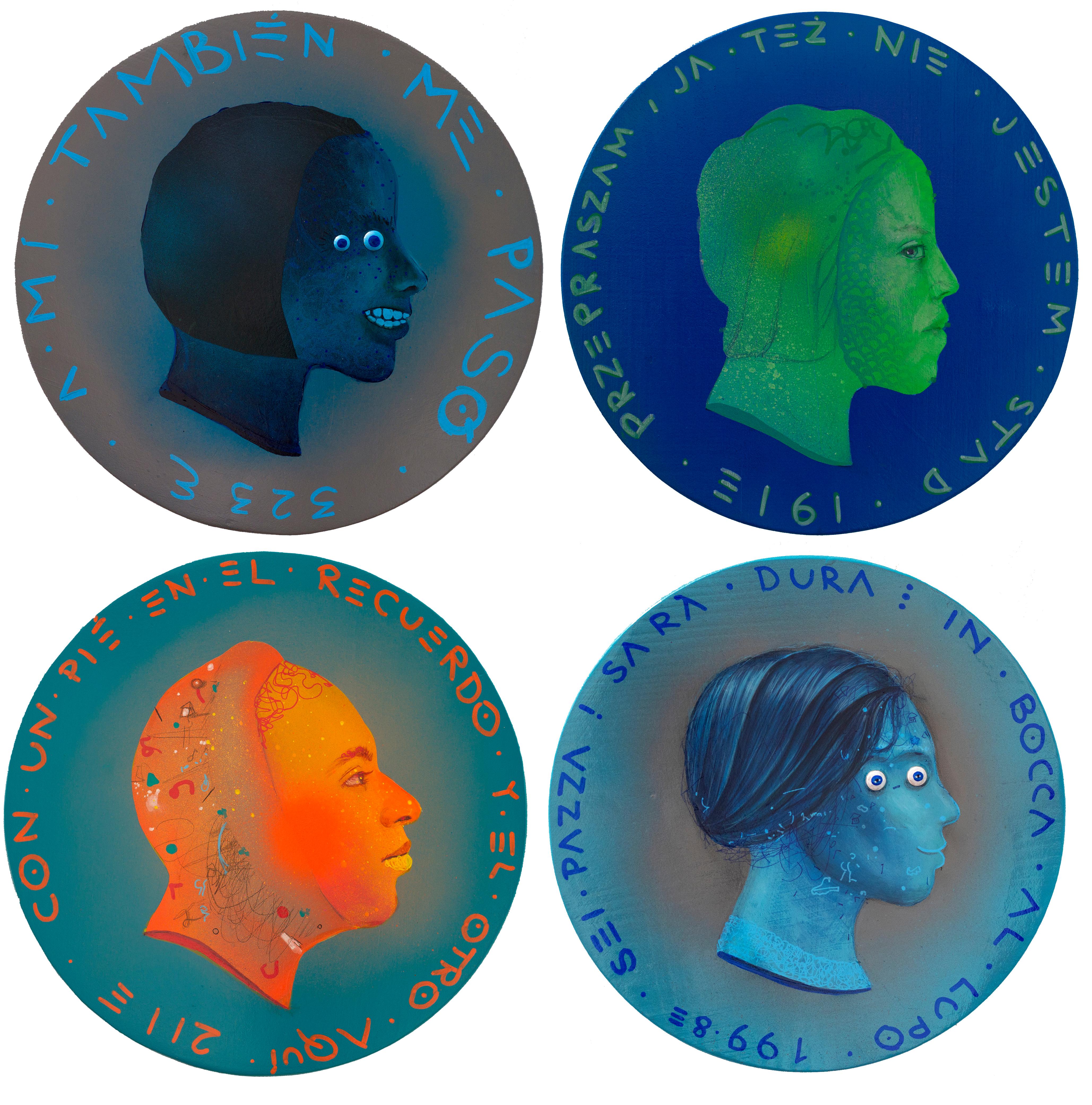 Panel de cuatro monedas en tonos azules - Pintura acrílica y técnica mixta sobre madera